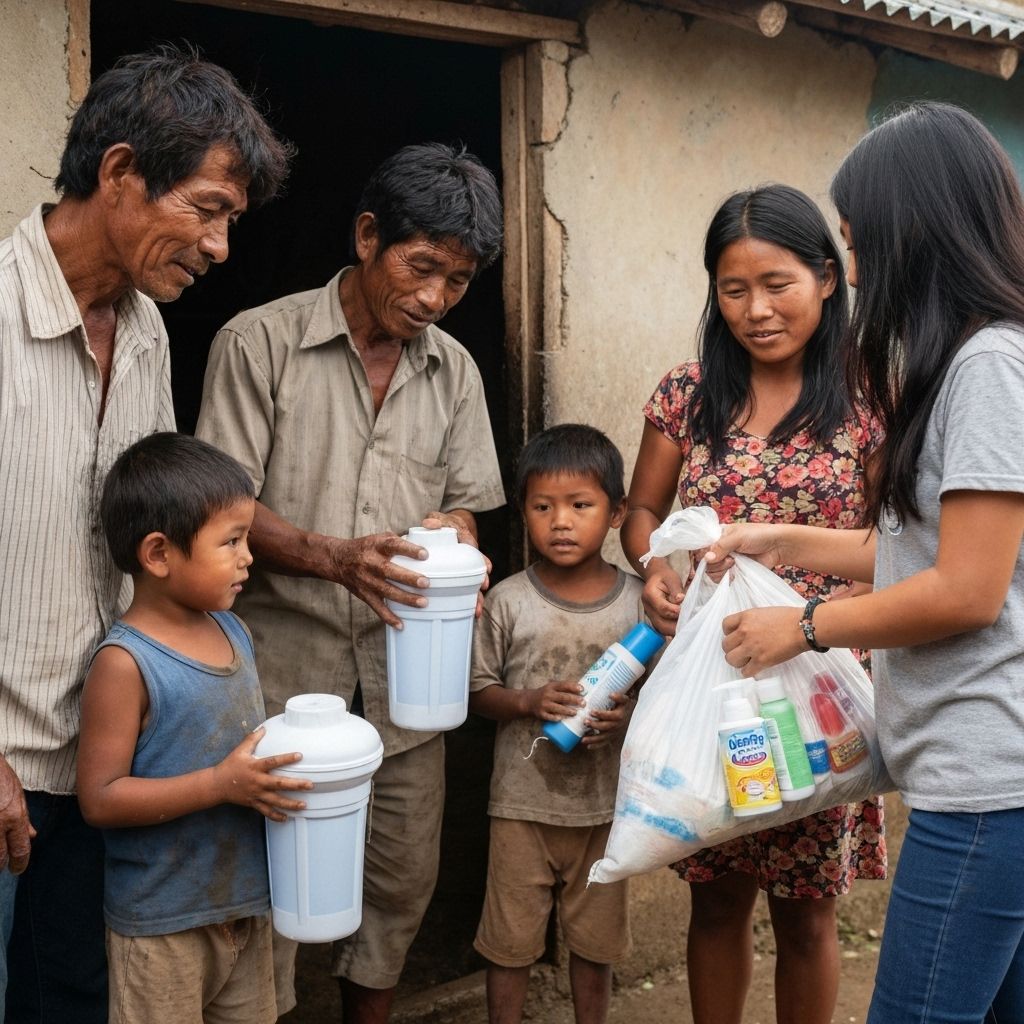Familia recibiendo productos esenciales donados